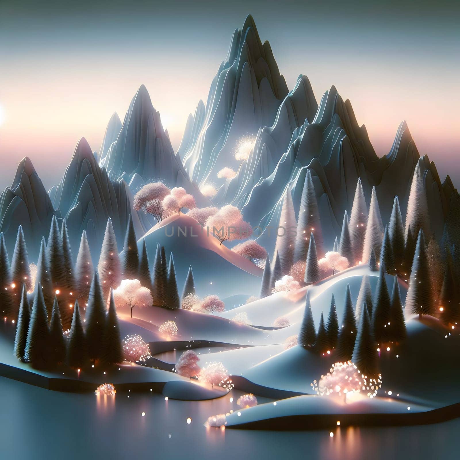 A 3D rendering of a snowy mountain landscape with glowing trees. The scene is dreamlike and magical, evoking a sense of wonder and tranquility. A high-quality photo.