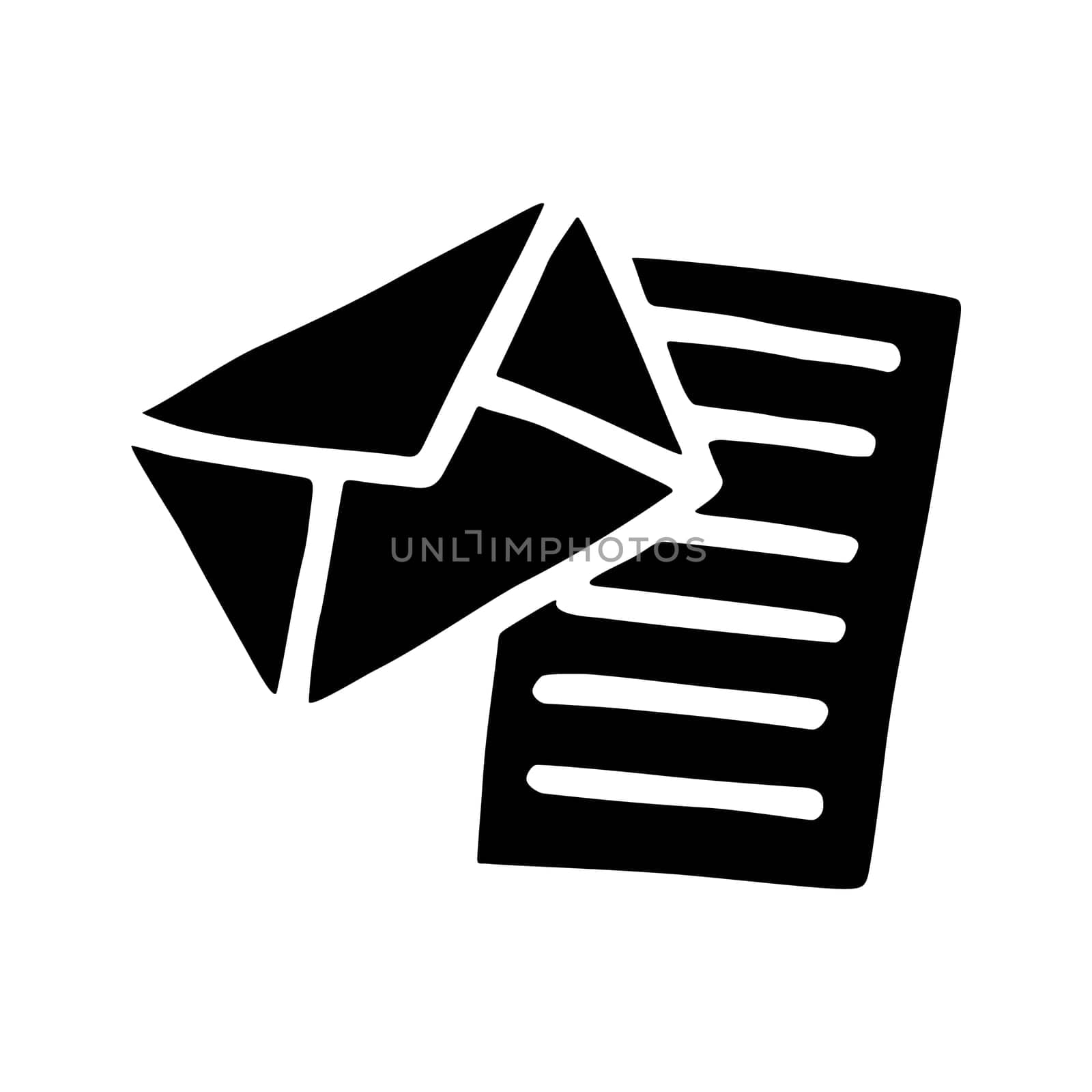 Doodle Open envelope with letter icon or logo, hand drawn with thin black line. Isolated on white background. Vector illustration