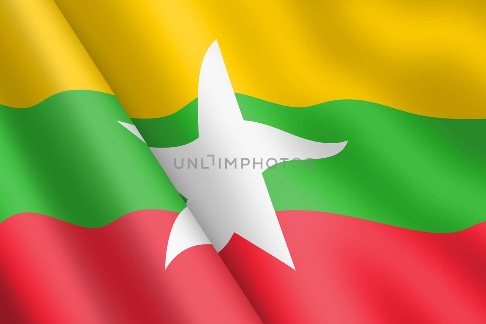 A Myanmar waving flag 3d illustration wind ripple yellow green red stripe white star