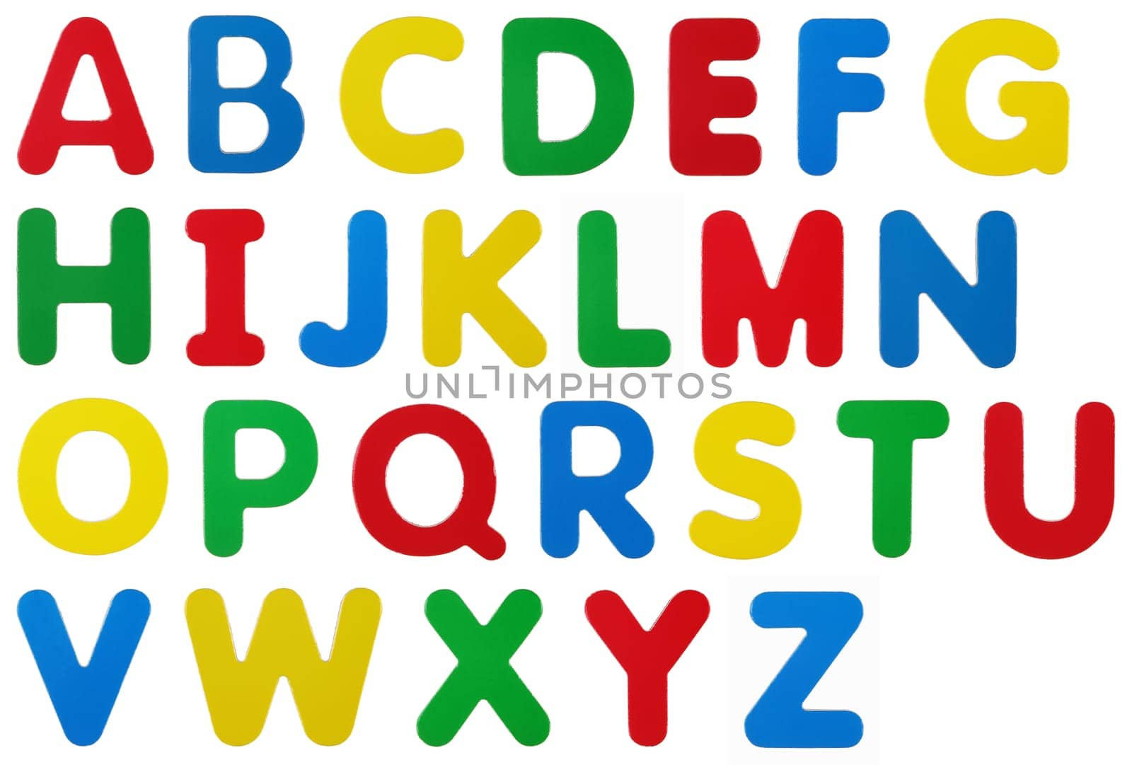 Alphabet upper case colored magnetic letters on white with clipping path