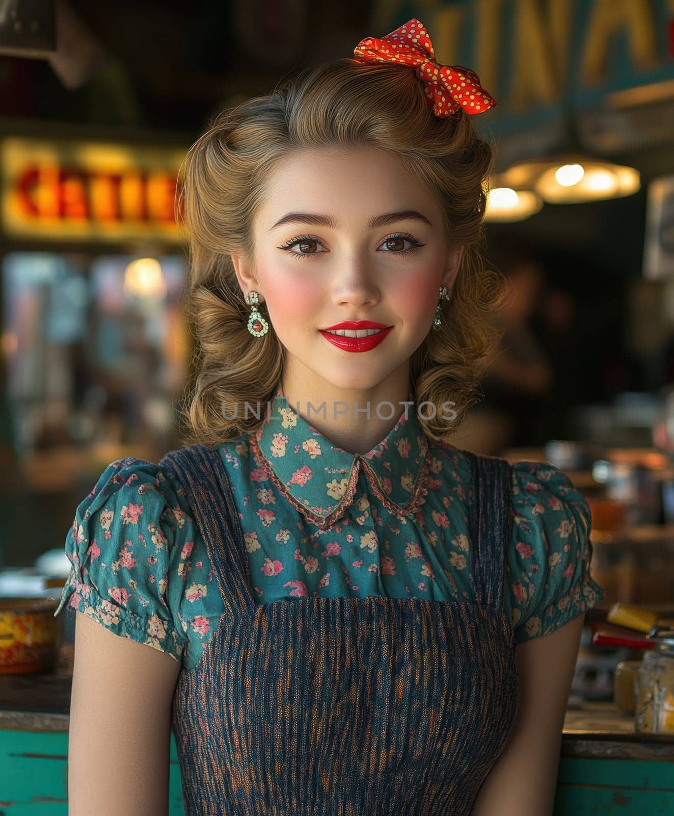 A beautiful woman sits at the counter of an American restaurant. Stylized from1940s - 1950s. AI generative.
