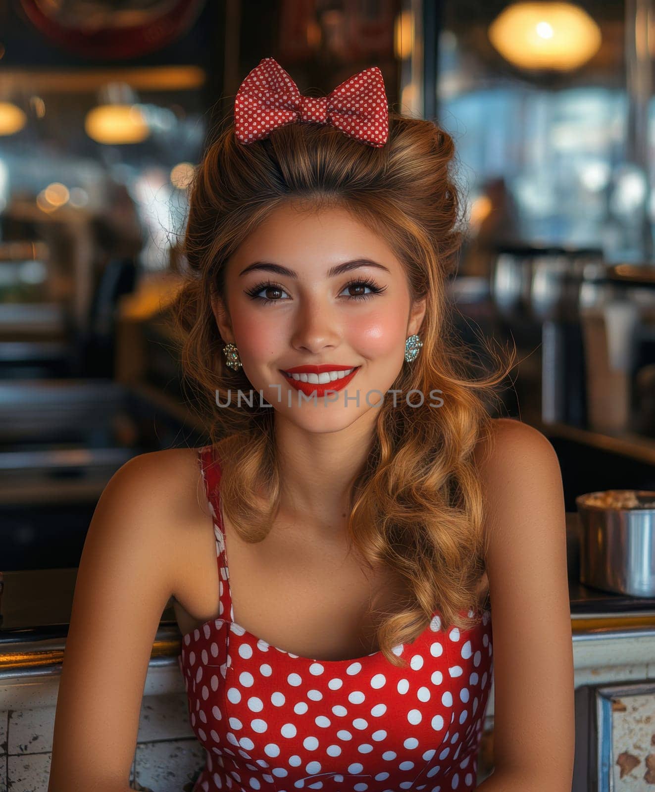 A beautiful woman sits at the counter of an American restaurant. Stylized from1940s - 1950s. AI generative.