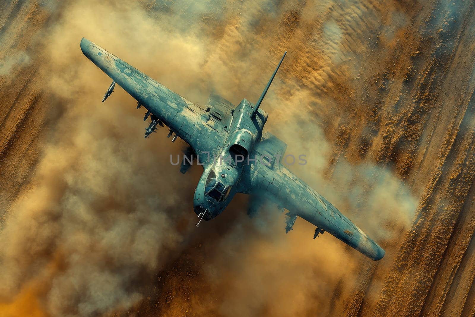A drone seen from above flies over the battlefield. Ai generative.