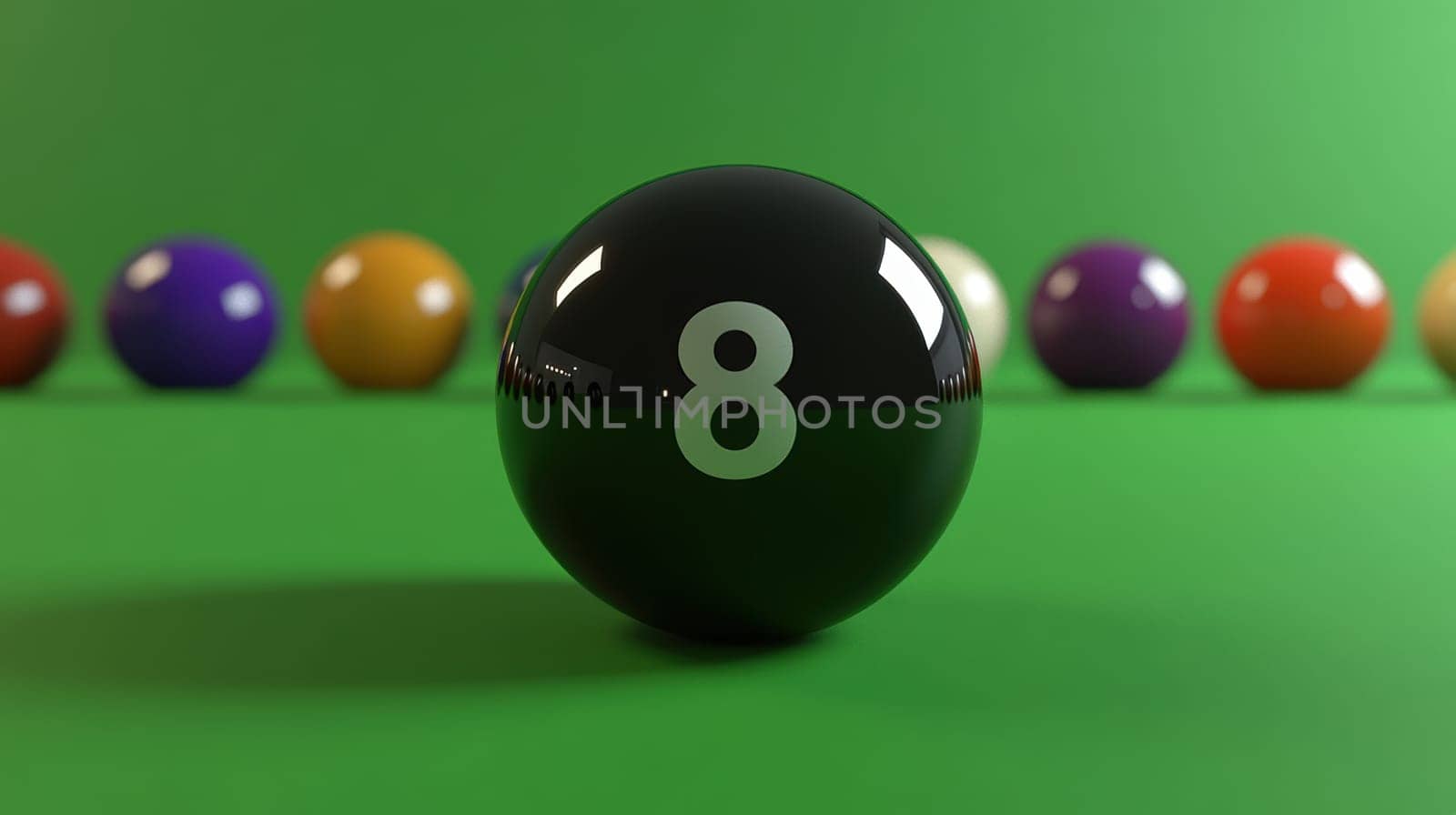 A black snooker ball with eight is placed on the green table, surrounded by other balls of different colors. The black billiard ball has no shadow and stands out against the background of bright green color, creating an atmosphere of excitement for playing. --chaos 30 --ar 16:9 --style raw --stylize 300 --v 6.1 Job ID: 88524494-6b4b-4864-a428-68ef07738f87