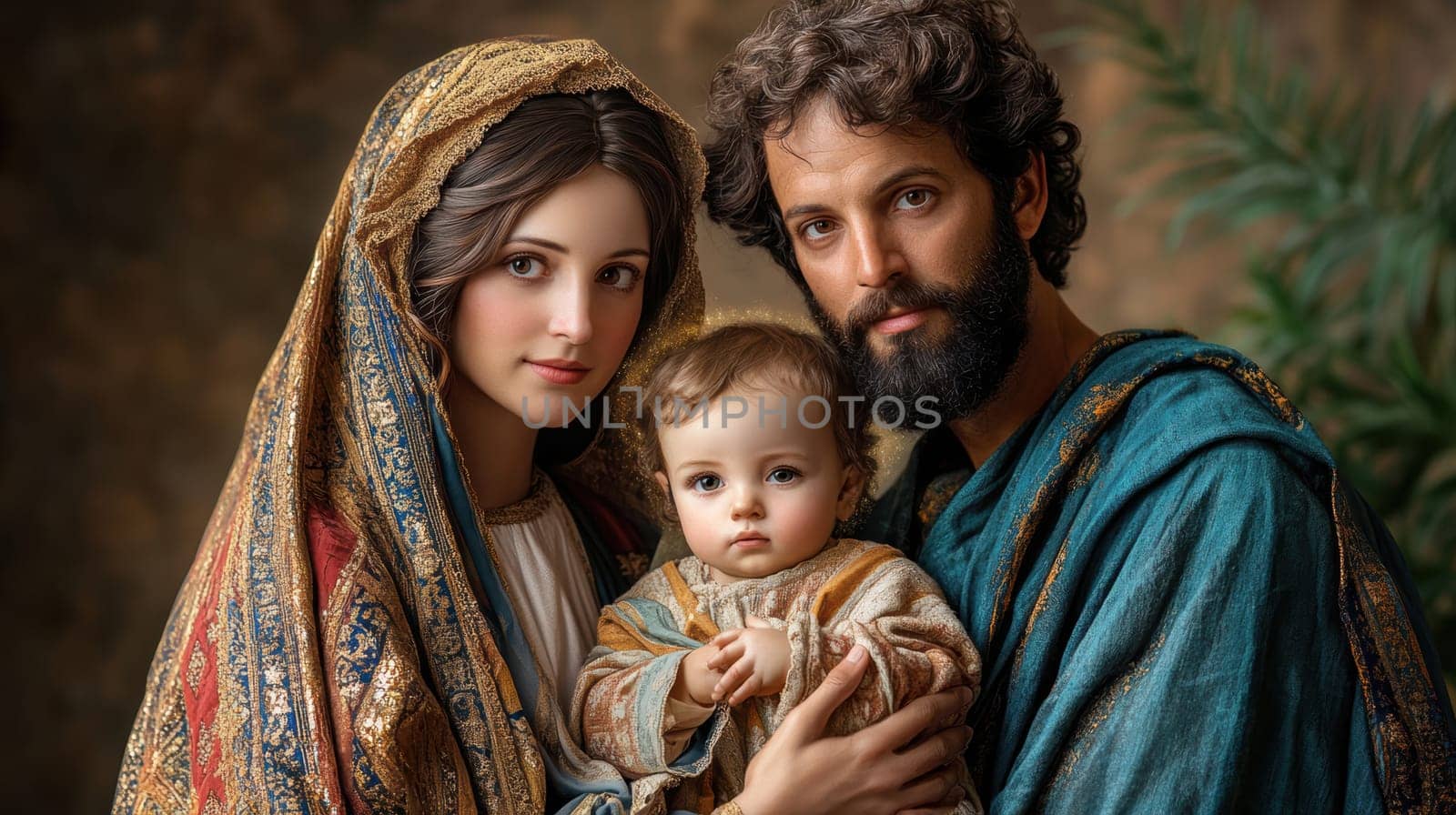 The painting depicts Mary, Joseph and the baby Jesus in a peaceful and holy scene, with Mary cradling Jesus in her arms and Joseph standing protectively by their side.AI generative.