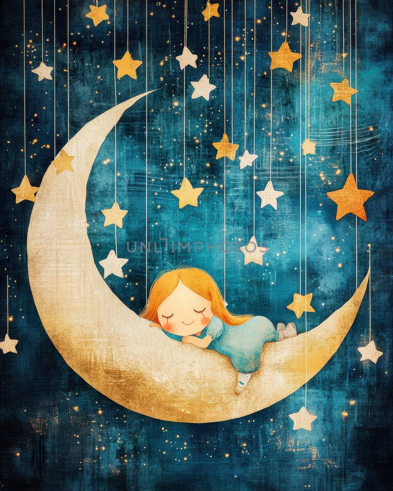 The image of the cute girl sleeping on the moon with stars suspended by thin threads . AI generative.