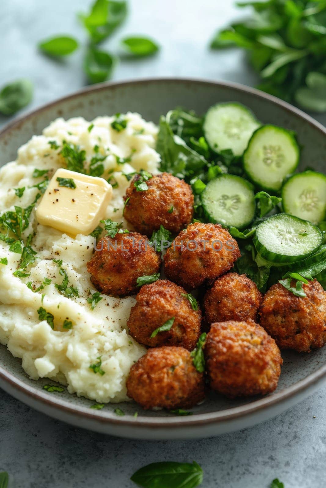 fried meatballs served with creamy mashed potatoes and a fresh green salad. AI generative.
