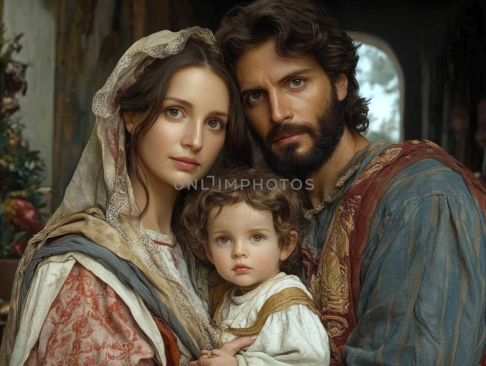 The painting depicts Mary, Joseph and the baby Jesus in a peaceful and holy scene, with Mary cradling Jesus in her arms and Joseph standing protectively by their side.AI generative.