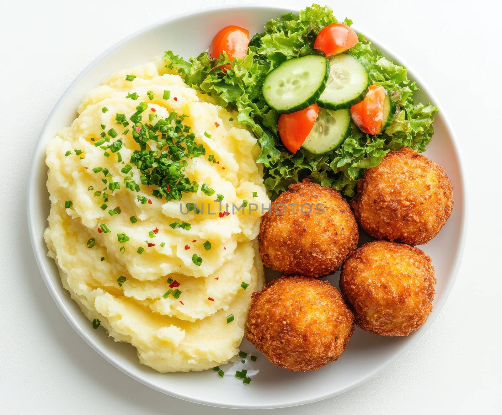 fried meatballs served with creamy mashed potatoes and a fresh green salad. AI generative.