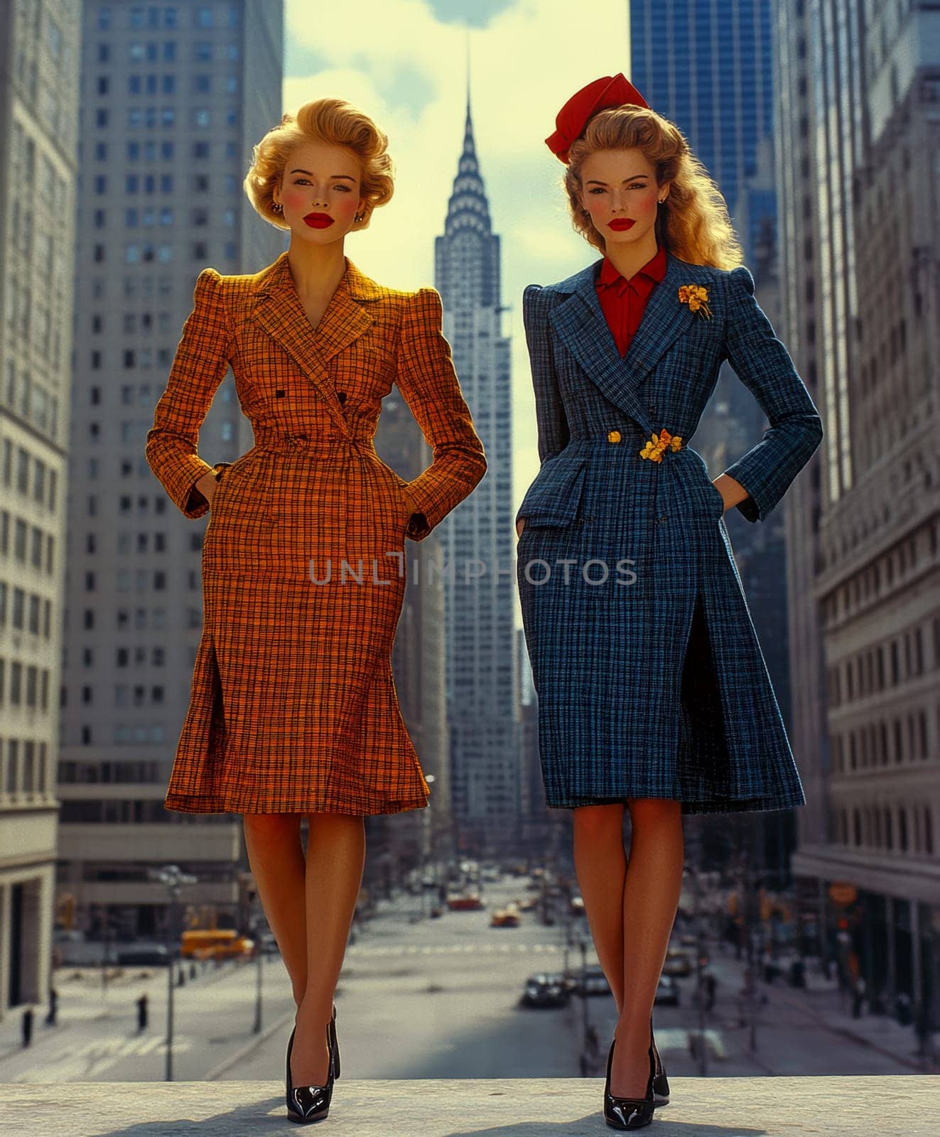 Photographs of women styled in the 1940s-50s taken on the streets of American cities. AI generative.