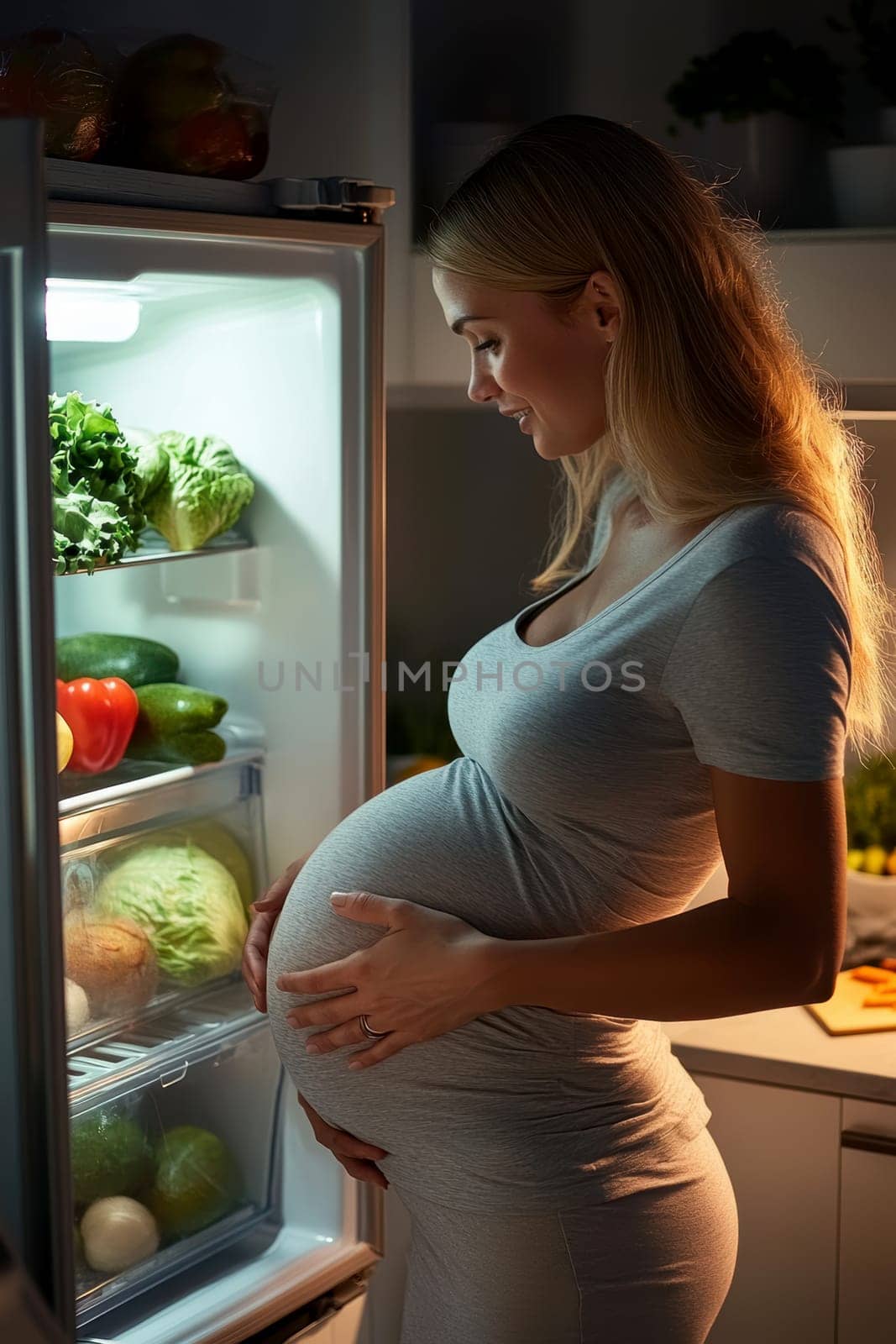 A pregnant woman is opening the refrigerator. AI generative.