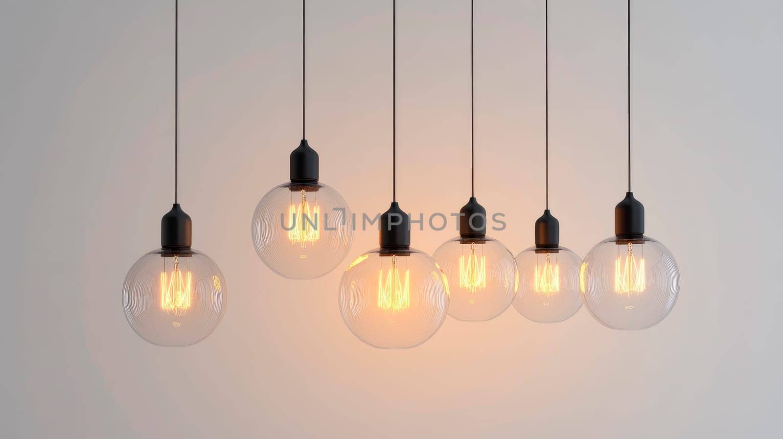 Loft modern pendant lamps with glowing  light bulbs. AI generated