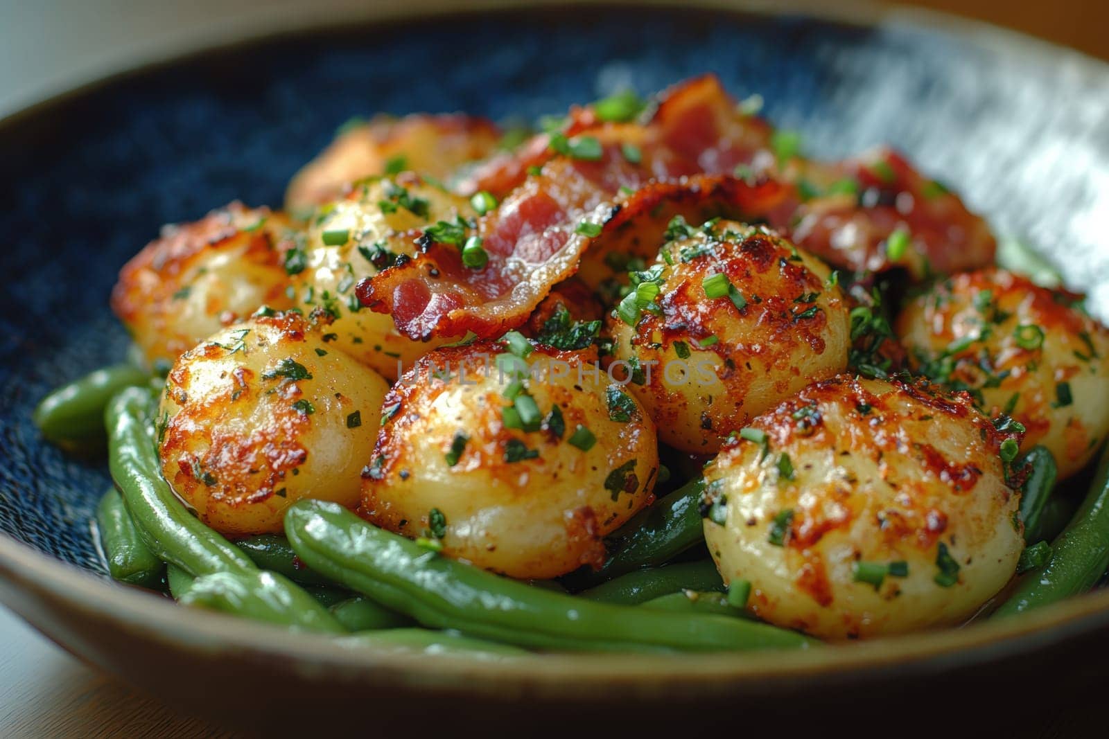 Rustic country-style dish with roasted new potatoes in a plate, tender green beans and crispy bacon bits. AI generative.
