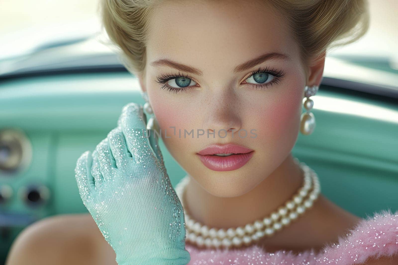 Blonde woman with pearl necklace and 1960s outfit AI generative.