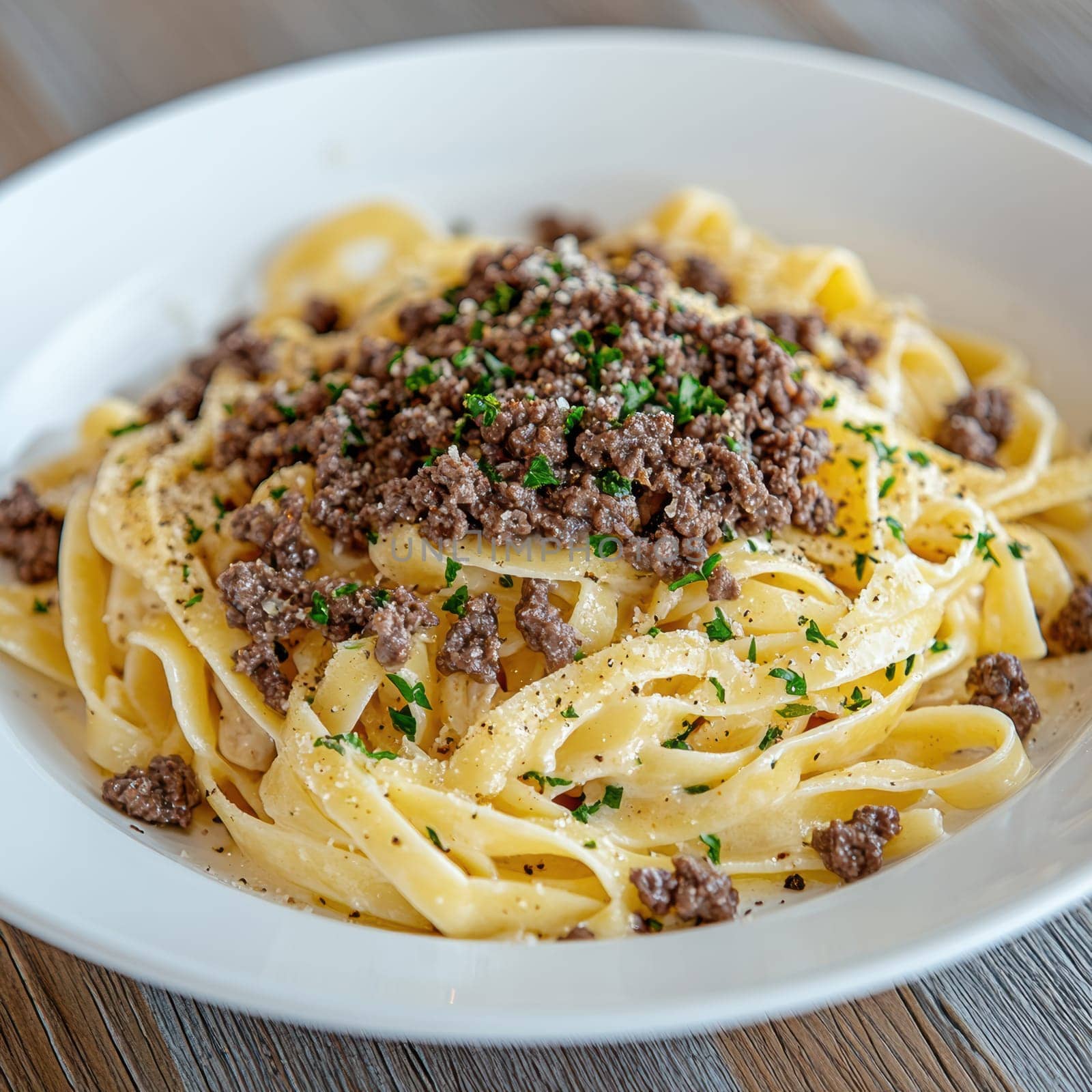 fettuccine with beautifully browned ground beef. AI generative.