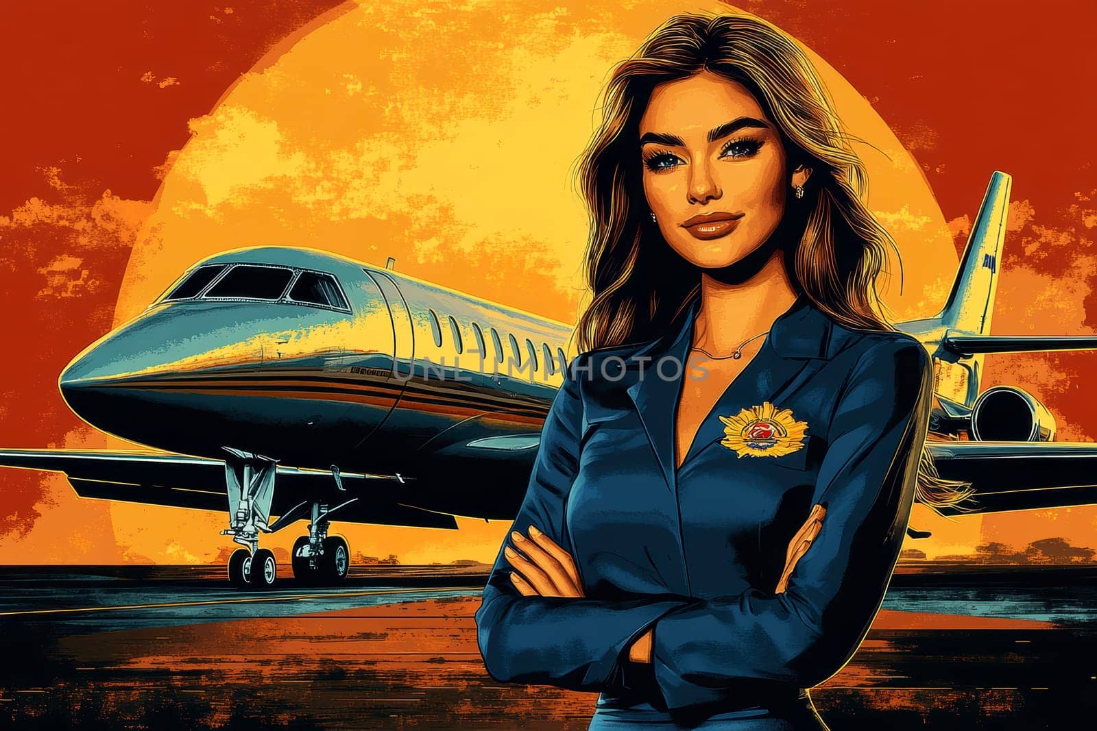 a young, beautiful flight attendant in a sweet, classic blue uniform with a slightly short dress, smiling next to the aircraft. AI generative.