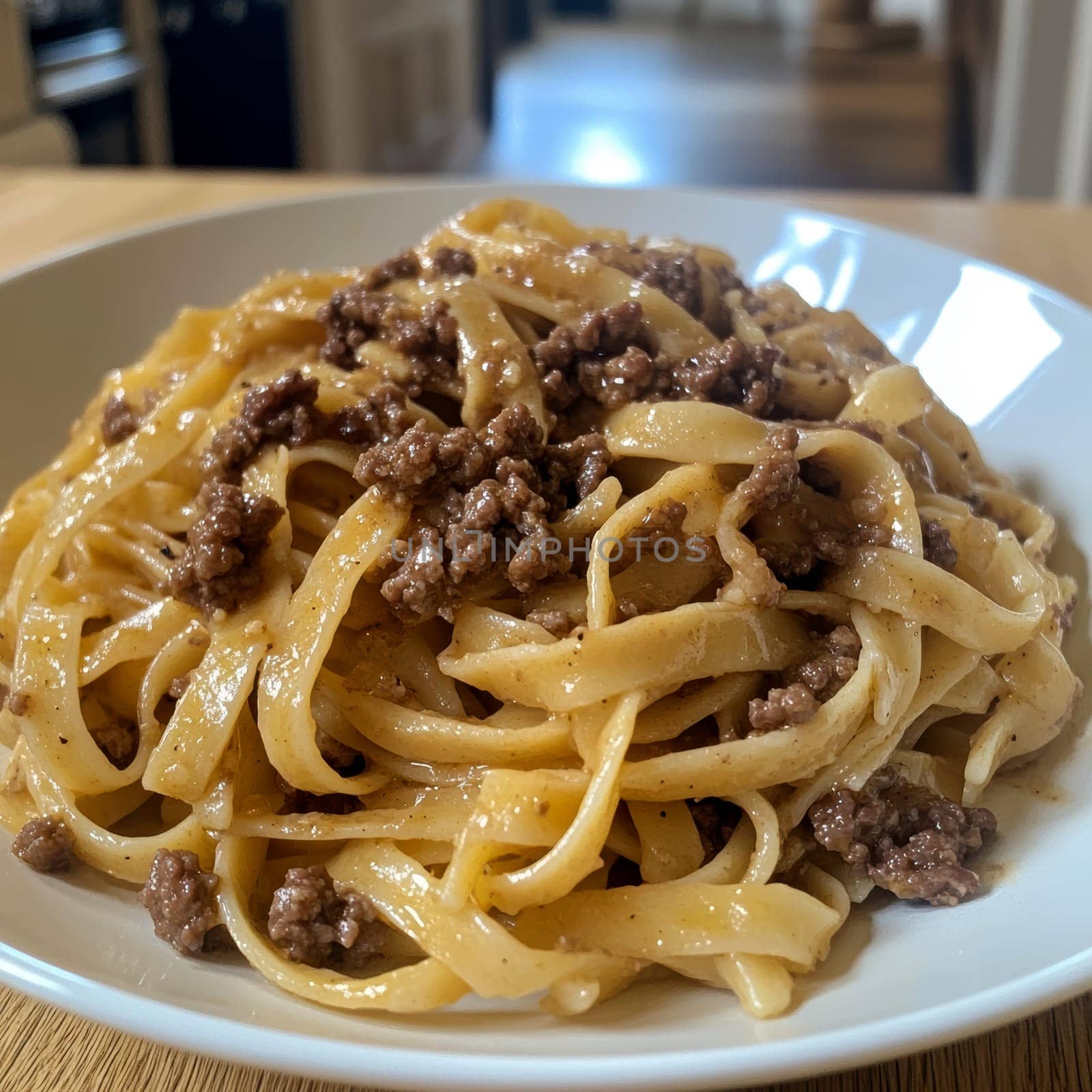 fettuccine with beautifully browned ground beef. AI generative.