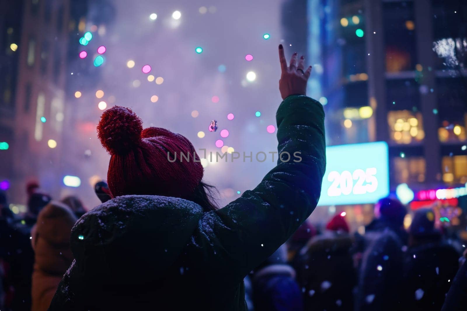 Revelers gather in the city to welcome the new year with joy festive lights and fireworks illuminating the night sky.