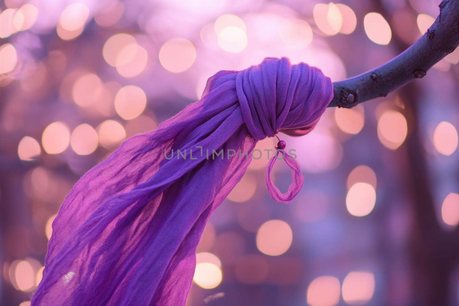 A vibrant purple fabric hangs gracefully from a tree branch illuminated by soft glowing lights during twilight.