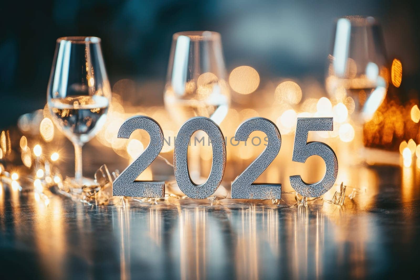 A beautifully arranged table celebrating the arrival of 2025 with sparkling decorations and glasses ready for a toast.
