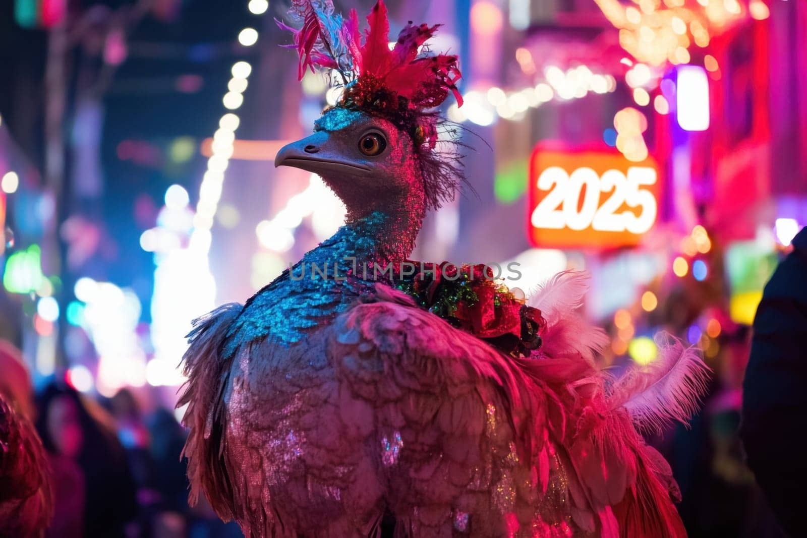 A performer dressed in a dazzling bird costume stands out amidst neon lights at a lively festival celebration.