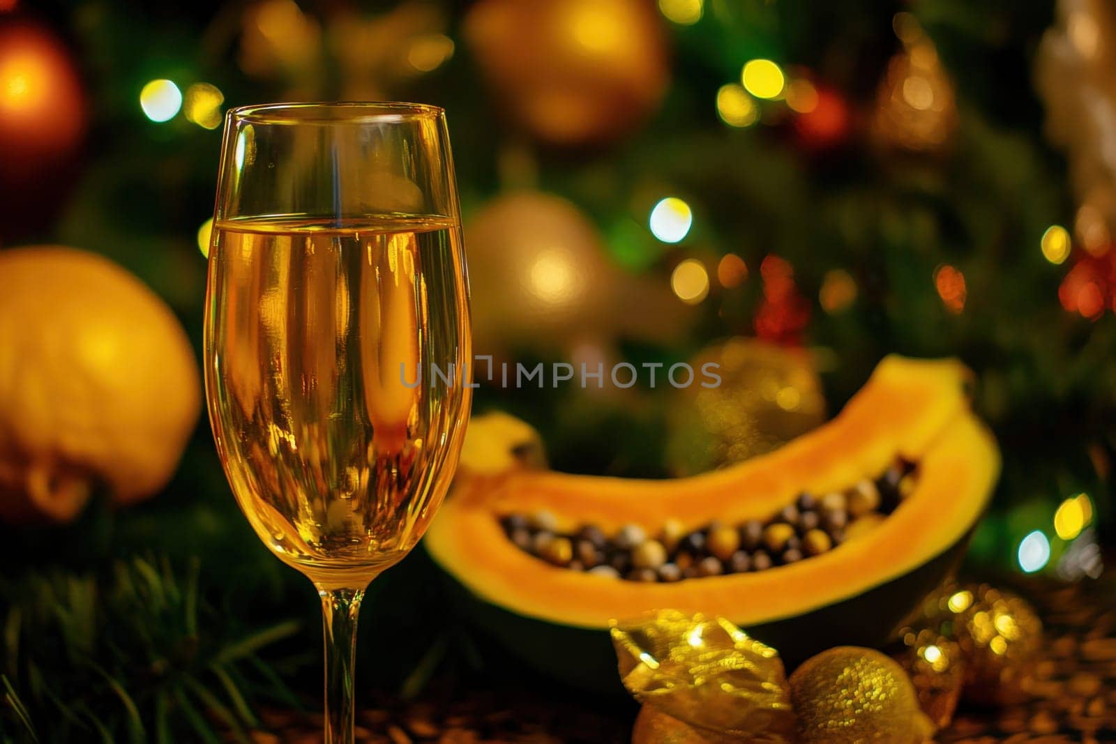A glass of sparkling beverage rests on a table surrounded by festive decorations and a fresh papaya fruit cut in half.