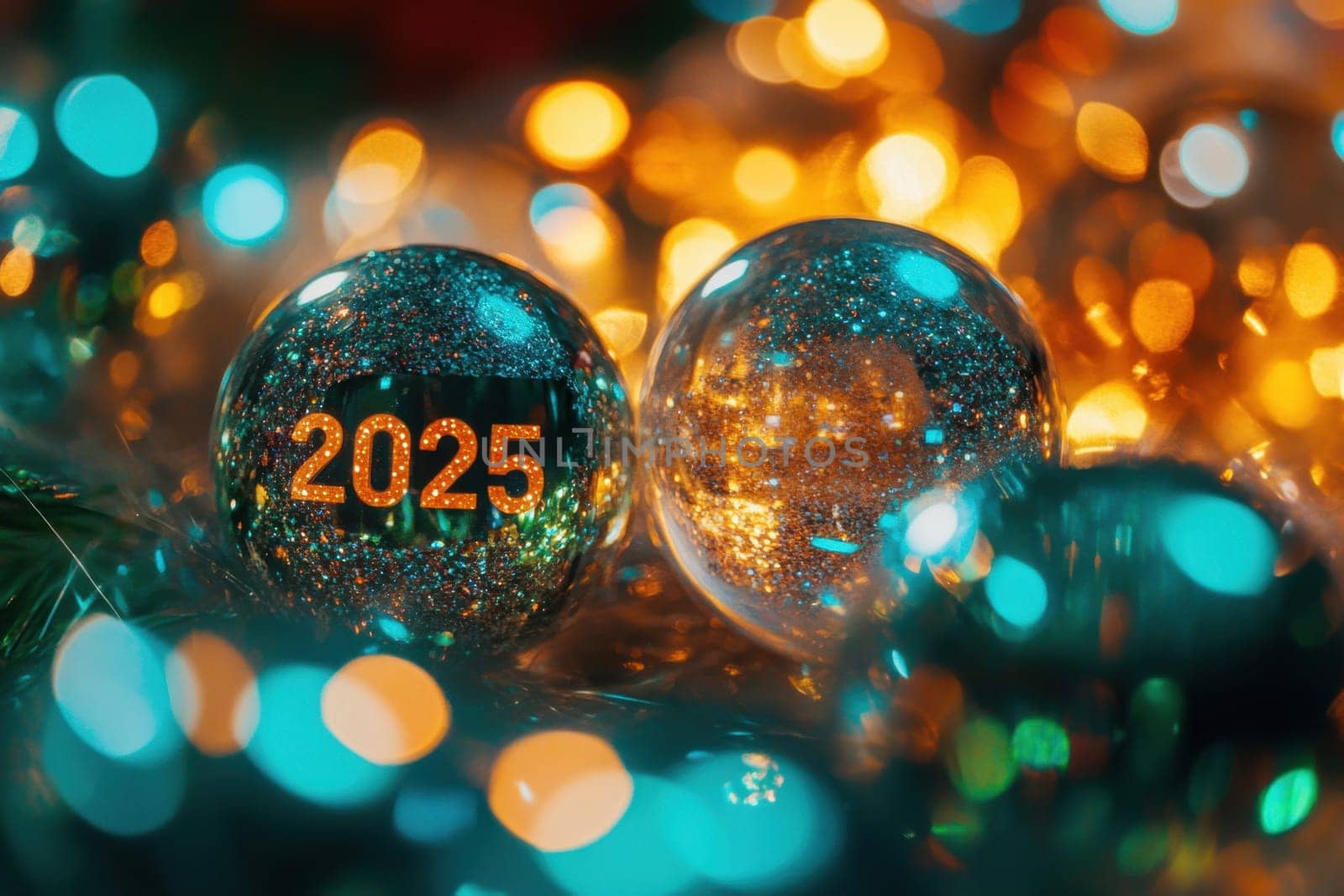 Brightly lit ornaments with the year 2025 shimmer among festive decorations creating a joyful holiday atmosphere.