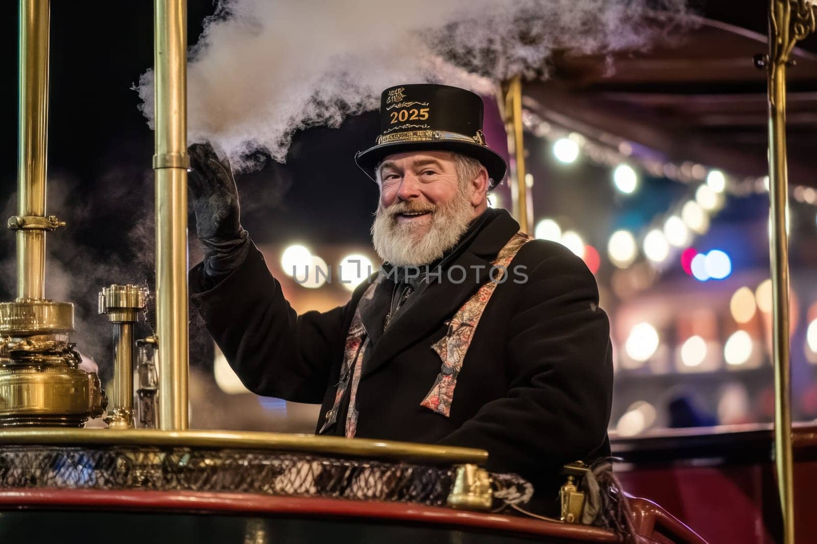 A man wearing a festive hat smiles while operating a steam powered vehicle amid colorful lights during new year celebrations.
