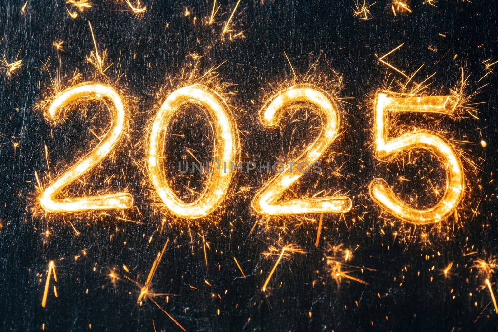 The year 2025 is showcased with bright sparklers on a dark background capturing a festive atmosphere for the New Year celebration.