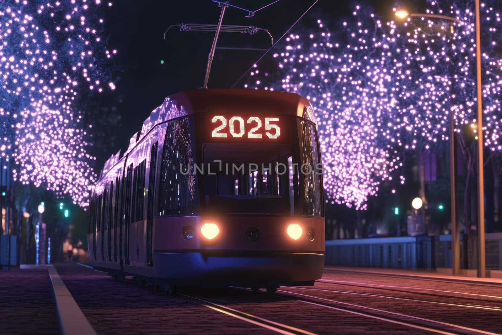 A tram rolls through a beautifully lit street as vibrant lights decorate the trees marking a lively night atmosphere for the year ahead.