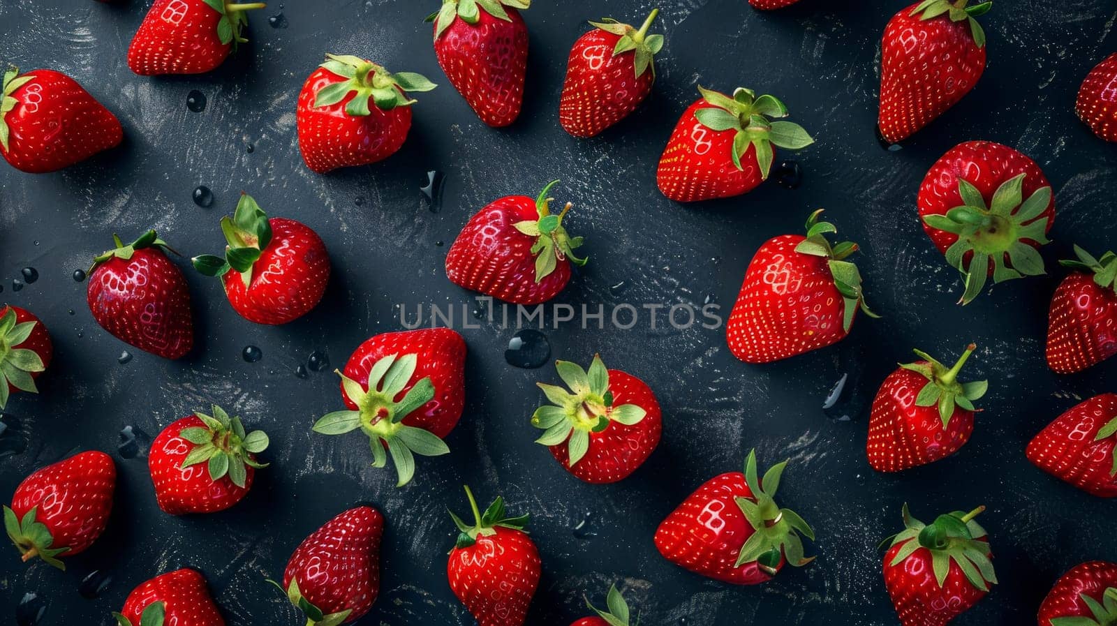 Artistic layout pattern of levitating strawberries on a dark background