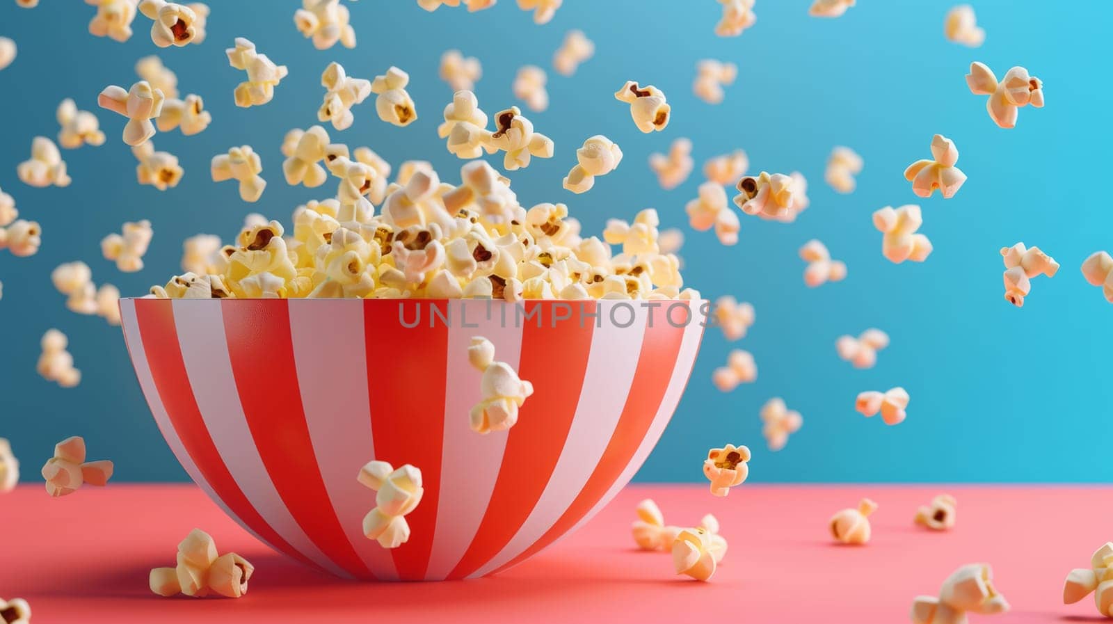 Bold and colorful poster design with a spinning bowl of popcorn