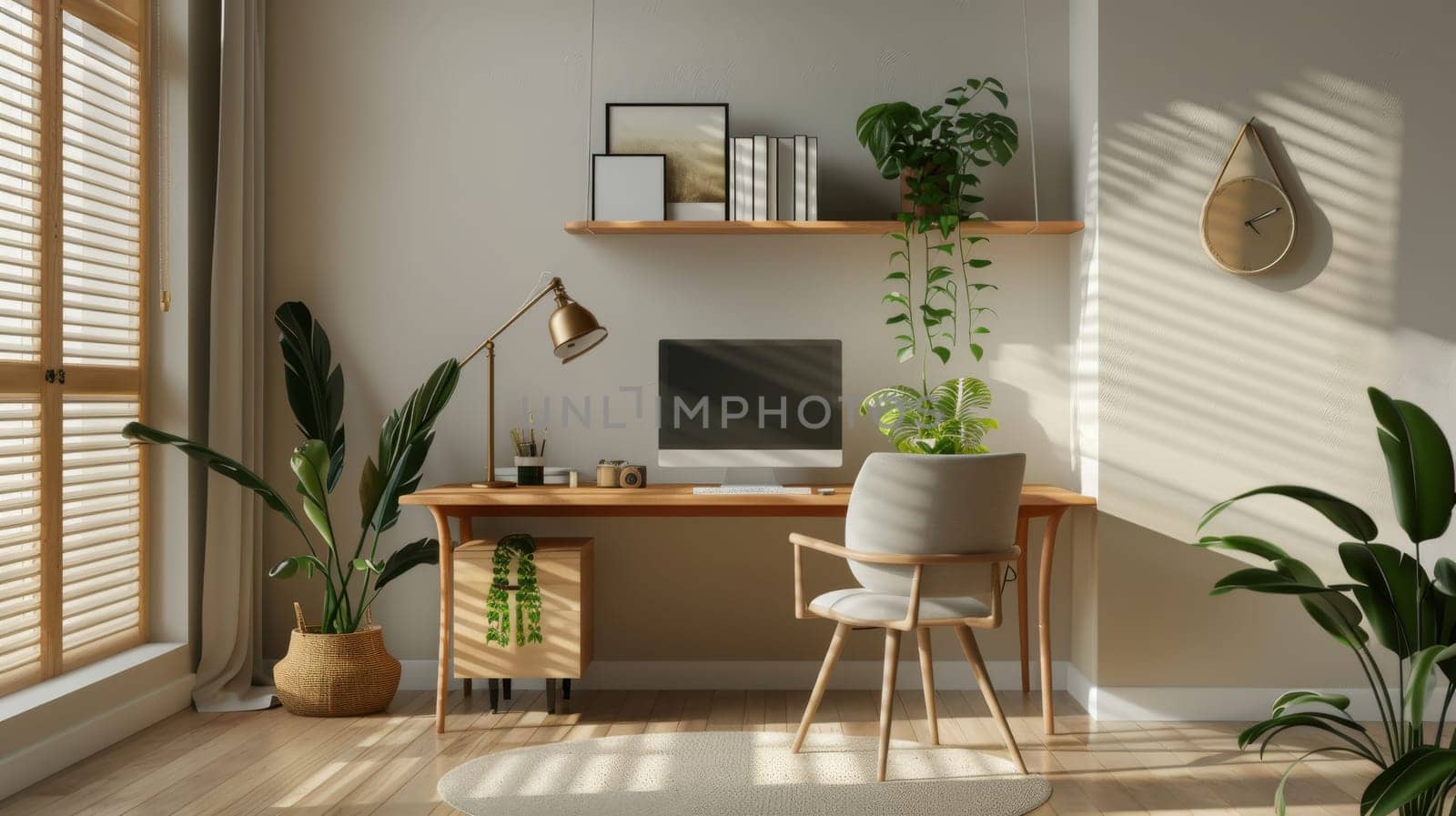 An uncluttered home office with minimalist furnishings and neutral color palette