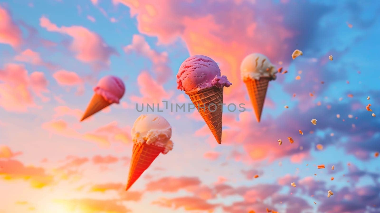 Captivating silhouette of levitating ice cream scoops against a colorful sky