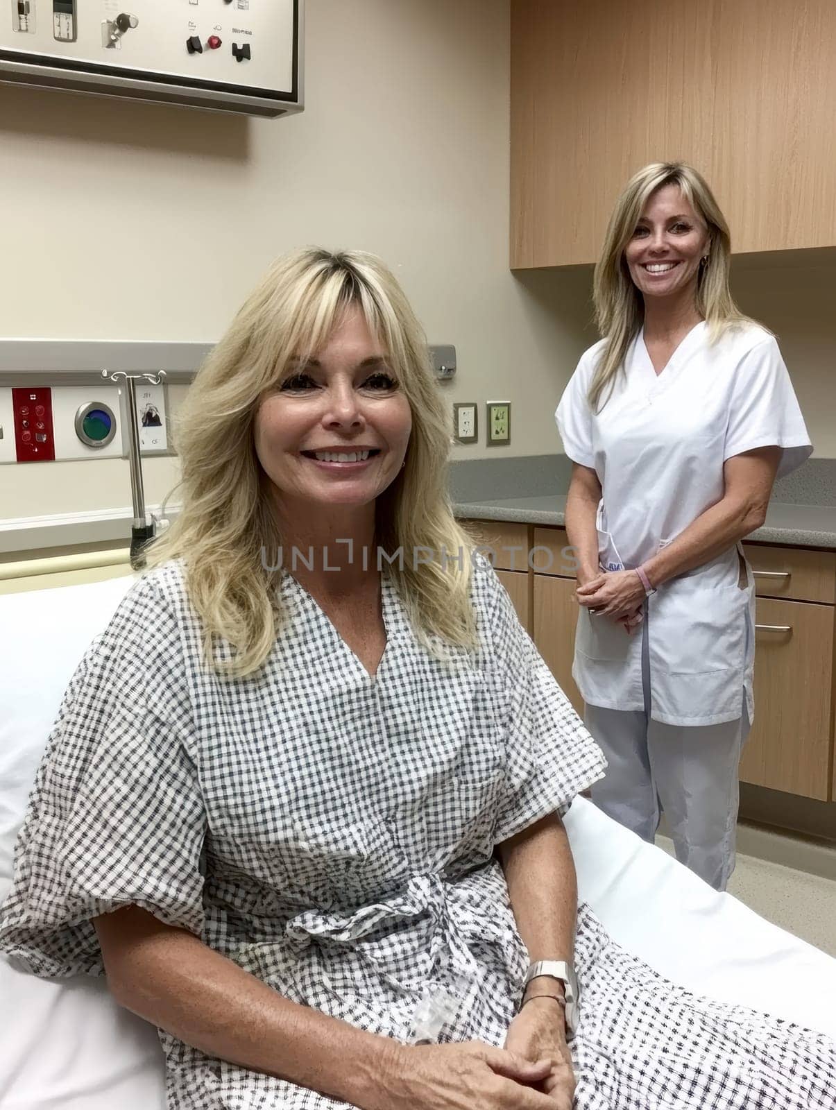 patient in a hospital gown, lying on a modern hospital bed next to a smiling nurse standing. AI generative.