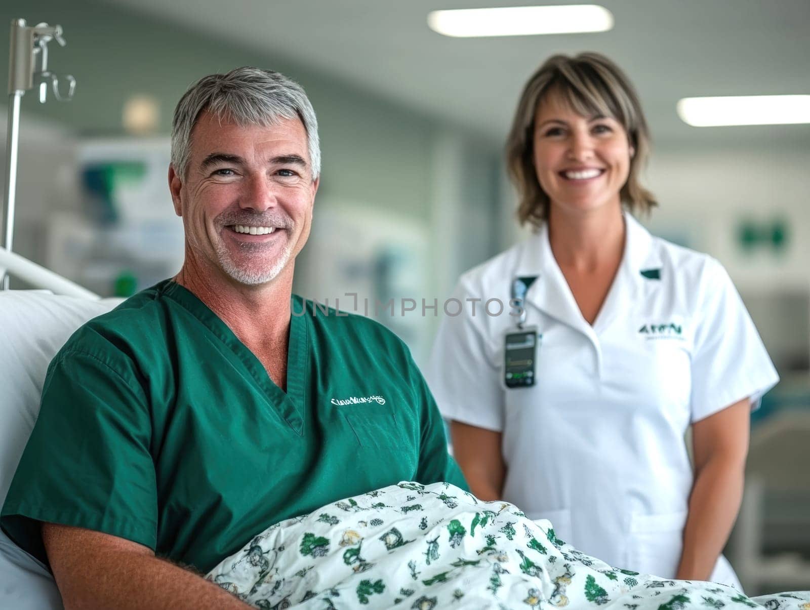 patient in a hospital gown, lying on a modern hospital bed next to a smiling nurse standing. AI generative.