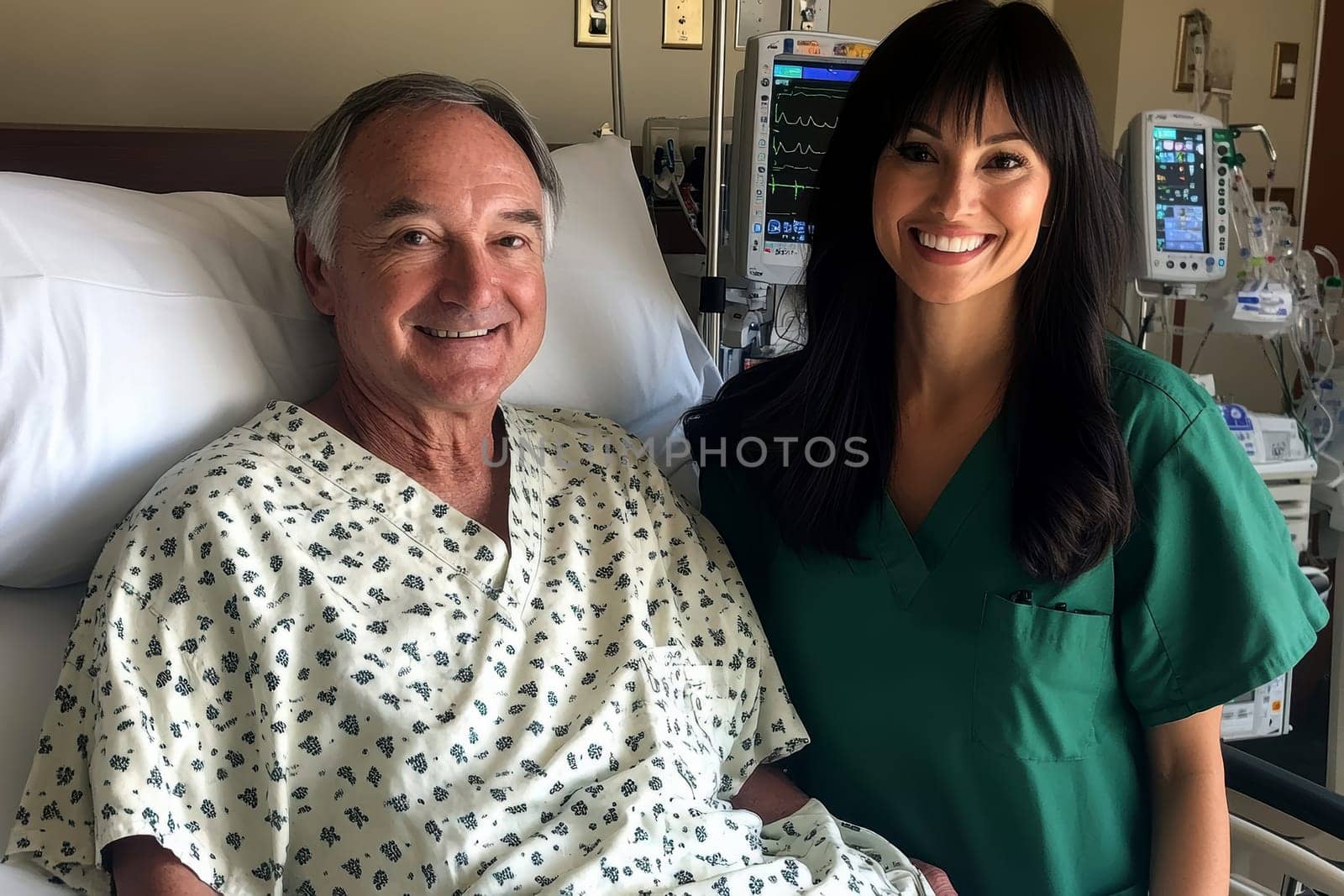 patient in a hospital gown, lying on a modern hospital bed next to a smiling nurse standing. AI generative.