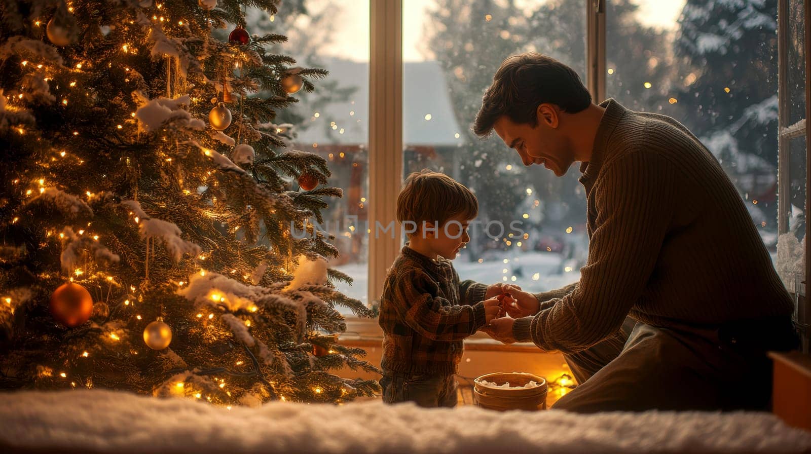 Dad and son decorating the Christmas tree . AI generative.
