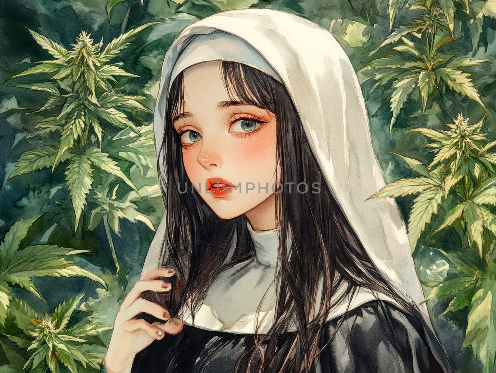 Woman dressed as nun smoking marijuana. AI generative.