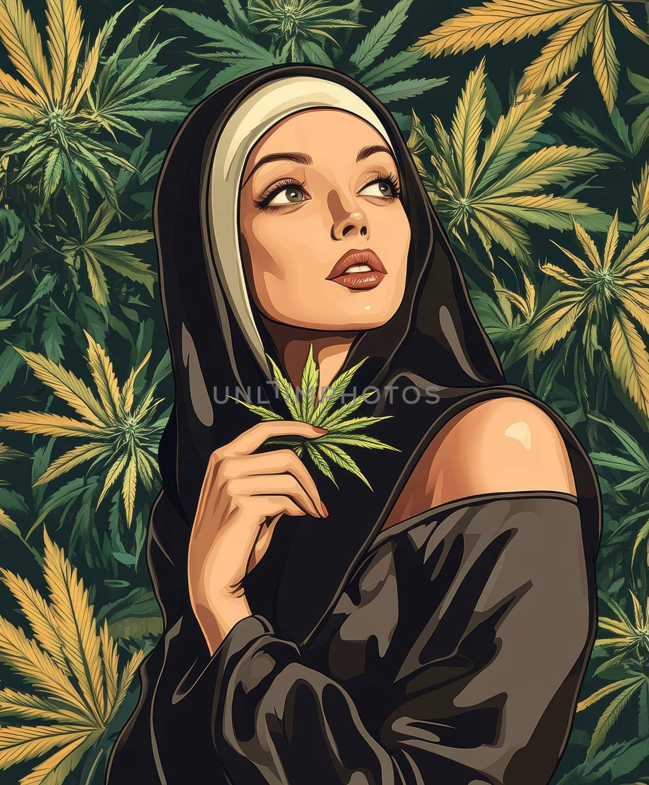 Woman dressed as nun smoking marijuana. AI generative.