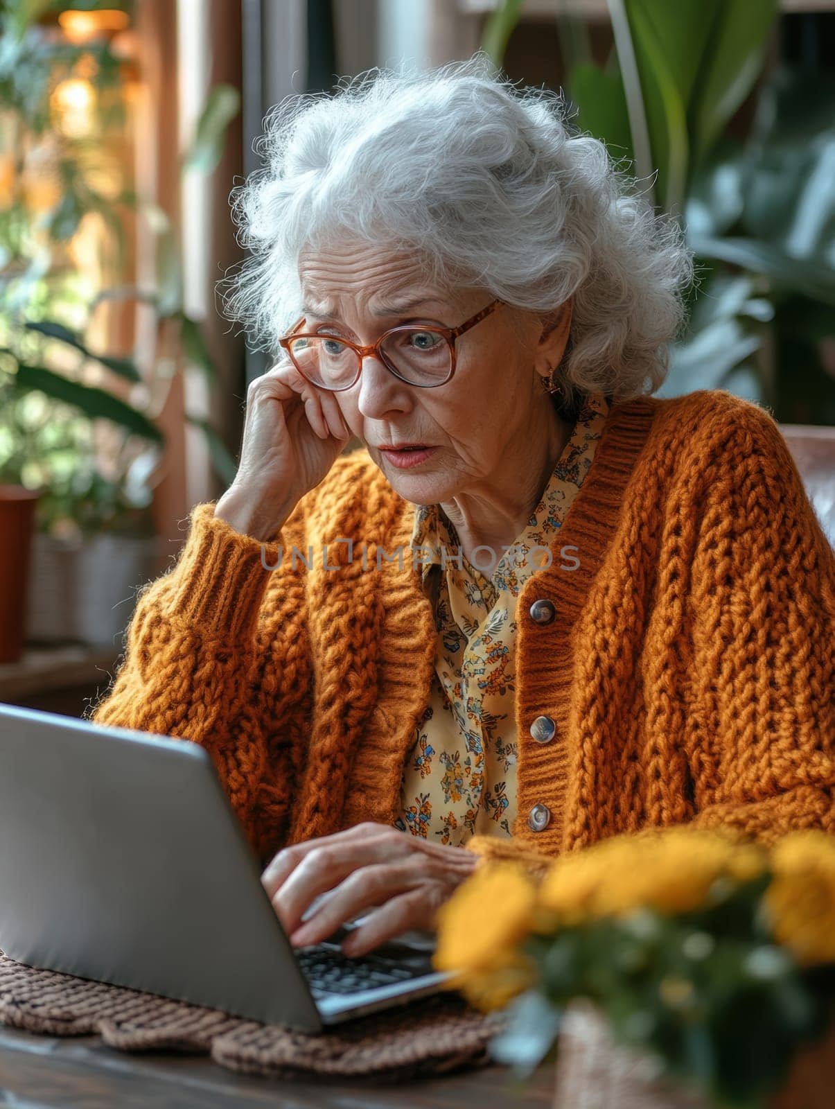 An elderly woman using a laptop computer AI generative.
