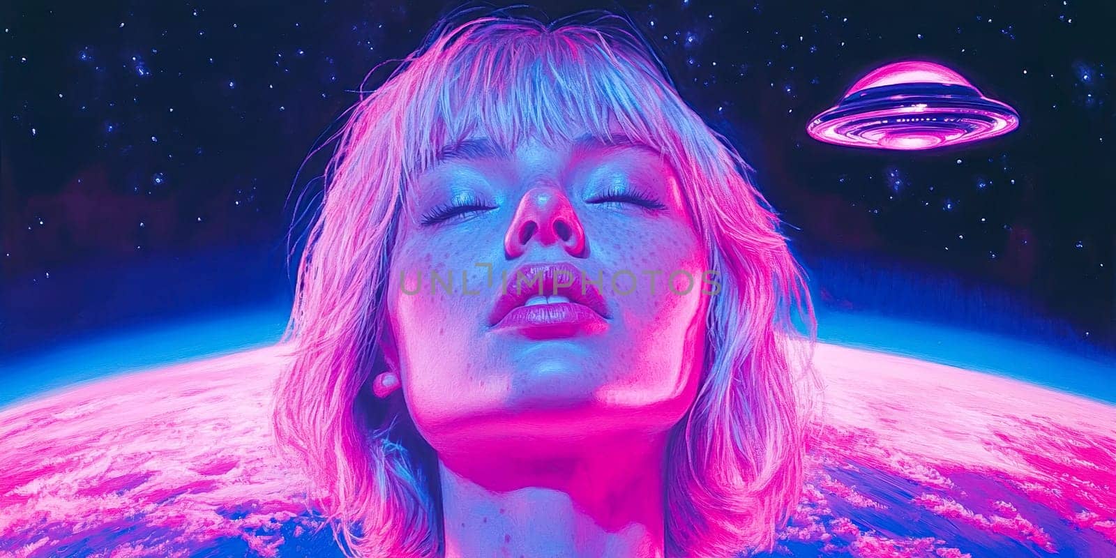 Paint oil colors eye-catching hyper-detailed realism fantastic retro-futuristic portrait of straight short cut and bangs magenta hair slight sulky young albino woman 70's glamorous clothing on background dressed, portrait of famous people Dakota Fanning, the woman is standing in the middle of a striped black and electric cobalt grass field michael sewa edward hopper style, fuchsia moon, ufo disk flying in the starry black night sky, Bo Bartlett, Tom Bagshaw --chaos 30 --ar 2:1 --style raw --stylize 300 --v 6.1 Job ID: 97565b00-6abc-4cf0-bc22-e724397412d5