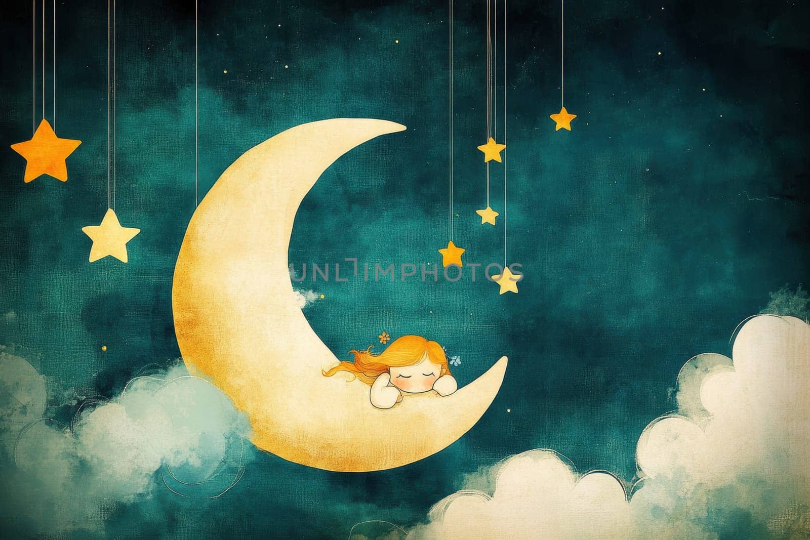 The image of the cute girl sleeping on the moon with stars suspended by thin threads . AI generative.