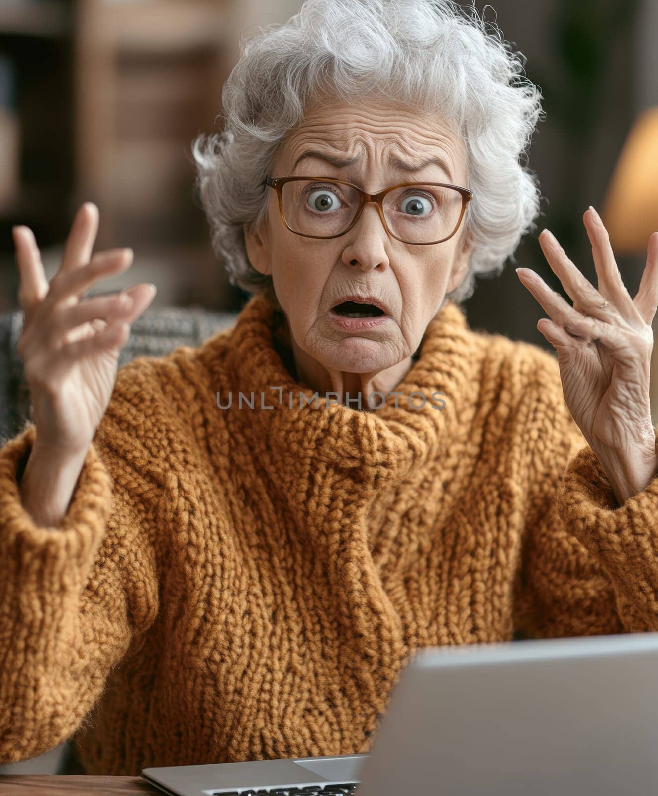An elderly woman using a laptop computer AI generative.