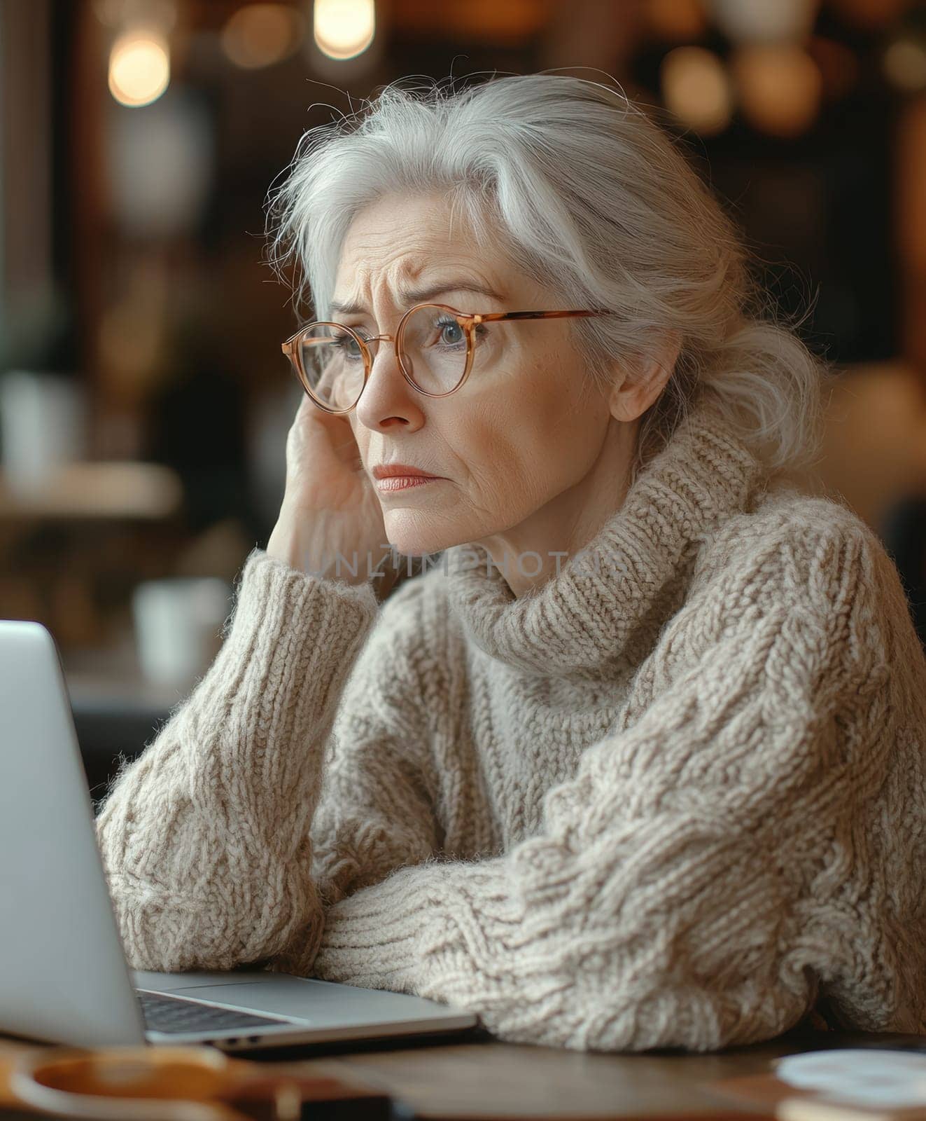 An elderly woman using a laptop computer AI generative.