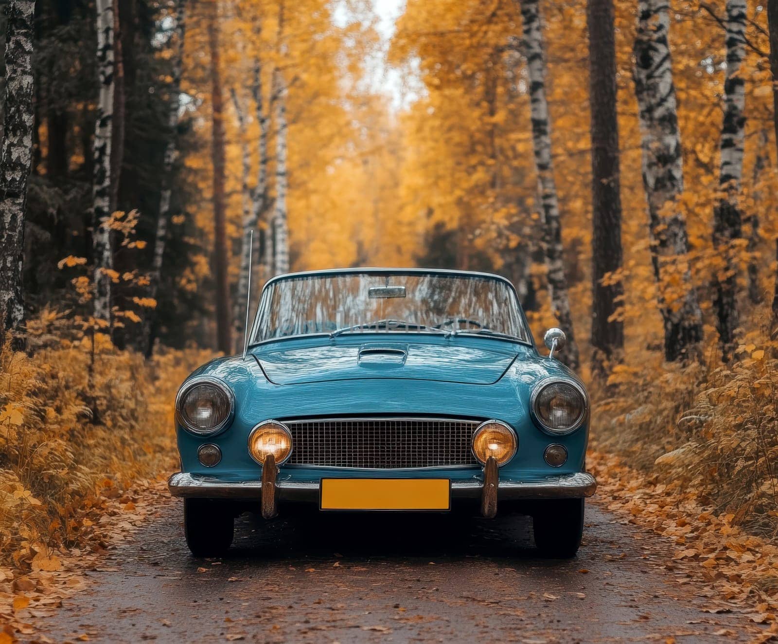 classic car on road with autumn landscape . AI generative.