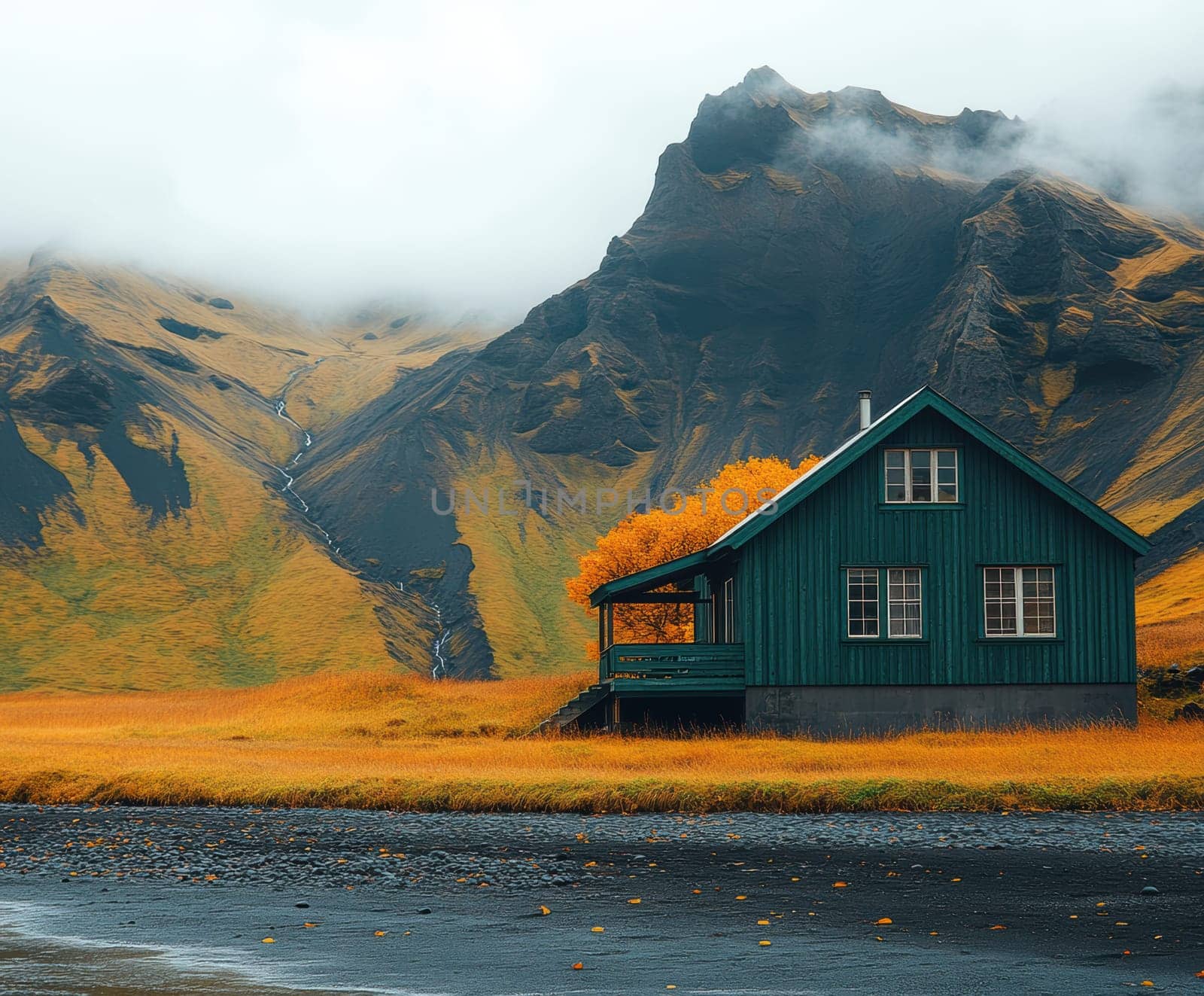 modern gabled house and landscape of the far north. AI generative.