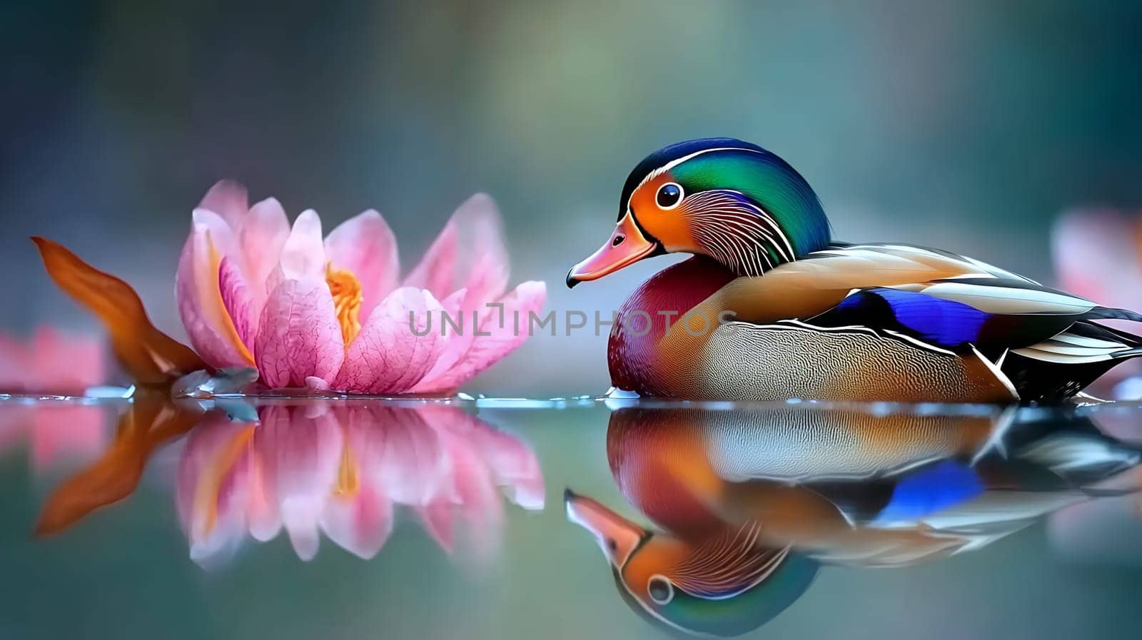A colorful mandarin duck swims beside a blooming water lily, its reflection mirrored in the tranquil water.