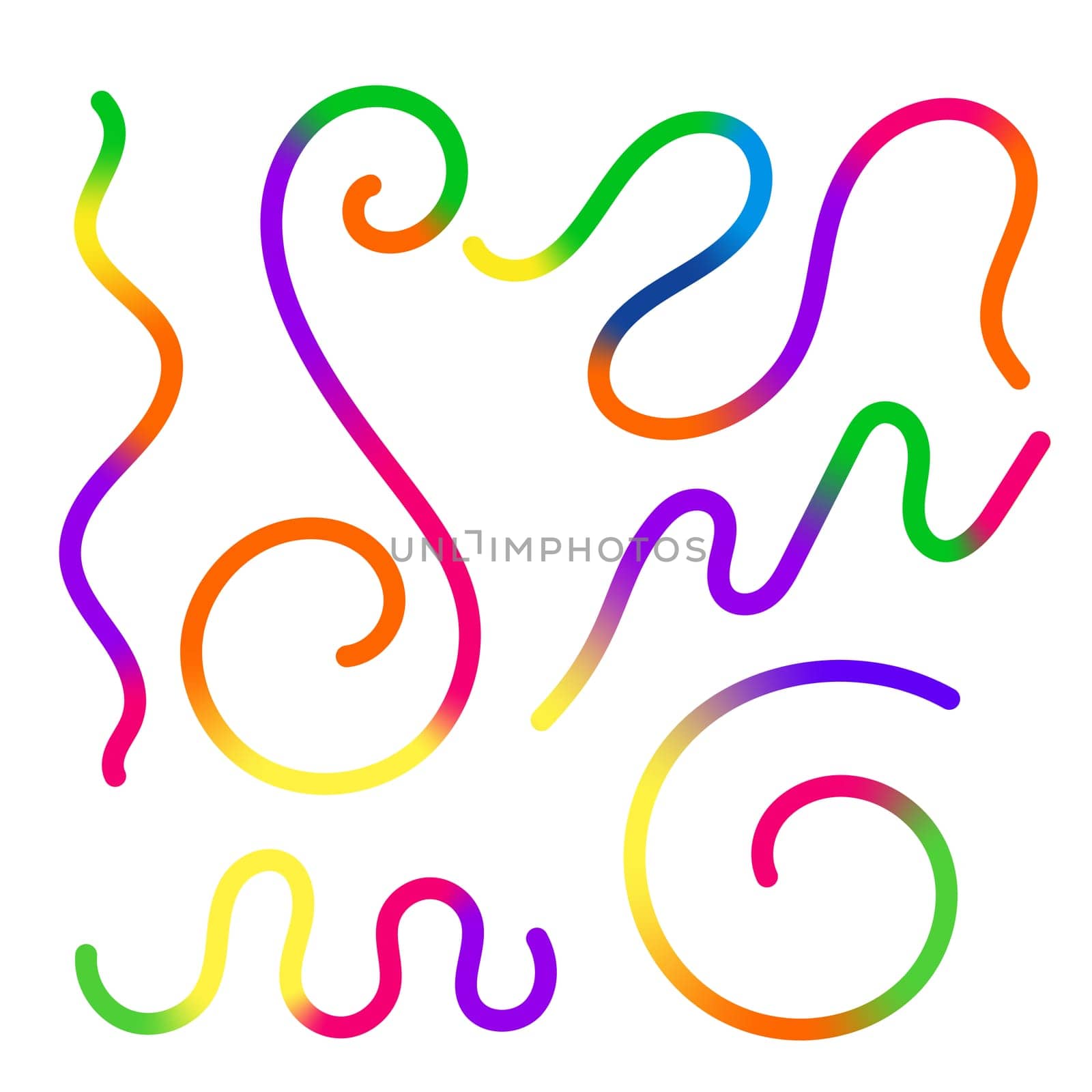 Vector Abstract Colored Gradient Shapes Set. Squiggly Design Elements. Graphic with Wavy Lines in Rainbow Colors. Colorful Fluid Wave Pattern.