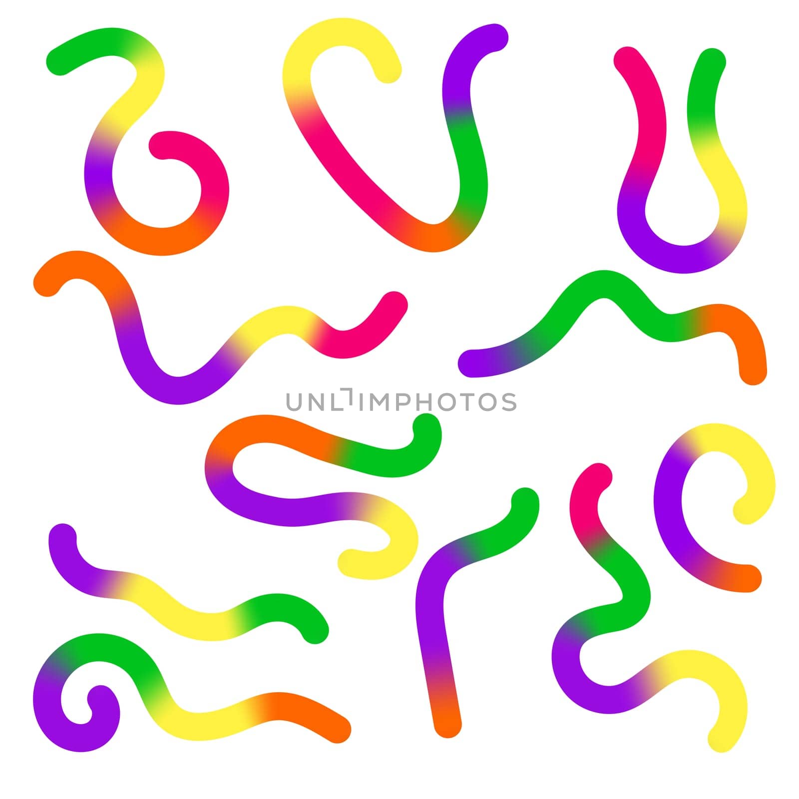 Vector Abstract Colored Gradient Shapes Set. Squiggly Design Elements. Graphic with Wavy Lines in Rainbow Colors. Colorful Fluid Wave Pattern.